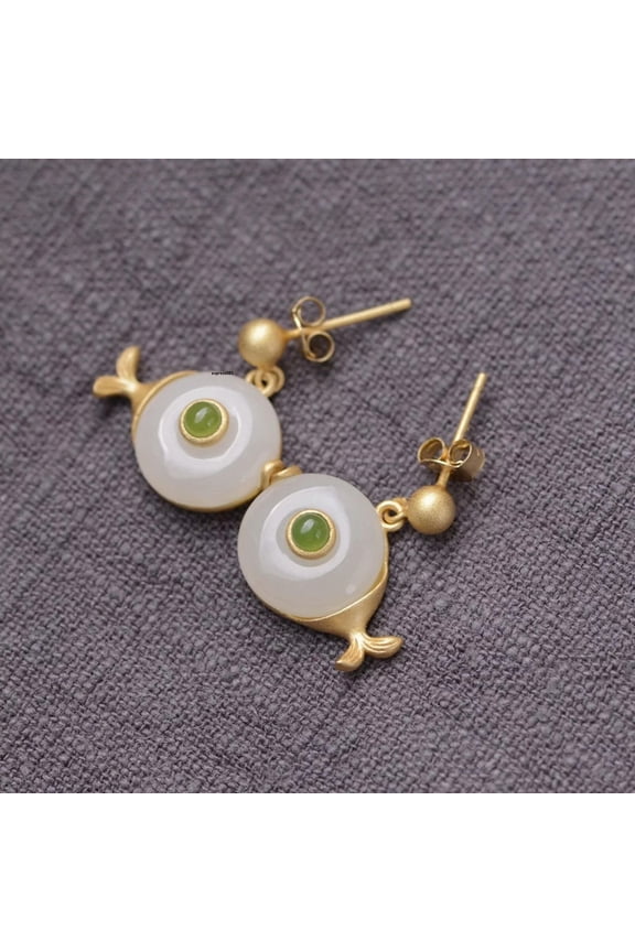 Real 925 Sterling Silver Stud Natural Nephrite Jade Round Fish Dangle Earrings