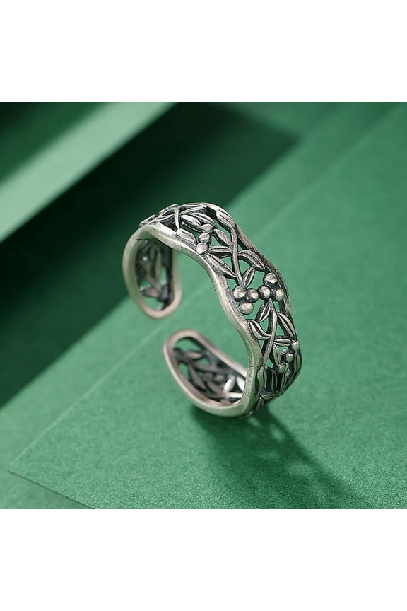 Real S925 Sterling Silver Band Men Women Lucky Hollow Flower Leaf Open Ring