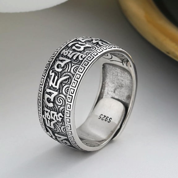 HOOUN Real Solid 925 Sterling Silver Band Men Women Lucky Mantra Pattern Ring