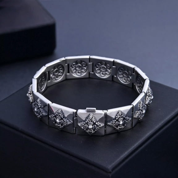 HOOUN Real Solid 925 Sterling Silver Chain Men 15mm Square Vajra Link Bracelet 8.6inch