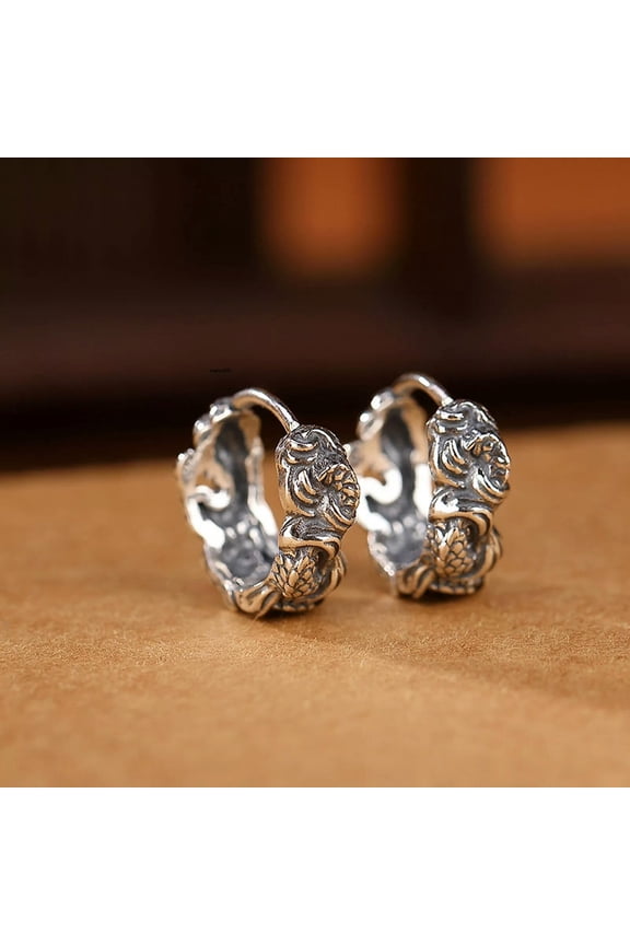 Real Solid 925 Sterling Silver Hoop Men Women Gift Lucky Carved Dragon Earrings