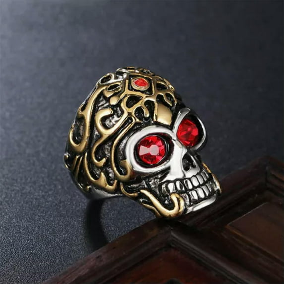HOOUN Red/Blue CZ Eye Evil Skull Gothic Ring Stainless Steel Men's Vampire Skull Ring-11-Red CZ