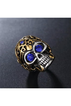 Red/Blue CZ Eye Evil Skull Gothic Ring Stainless Steel Men's Vampire Skull Ring-9-Blue CZ