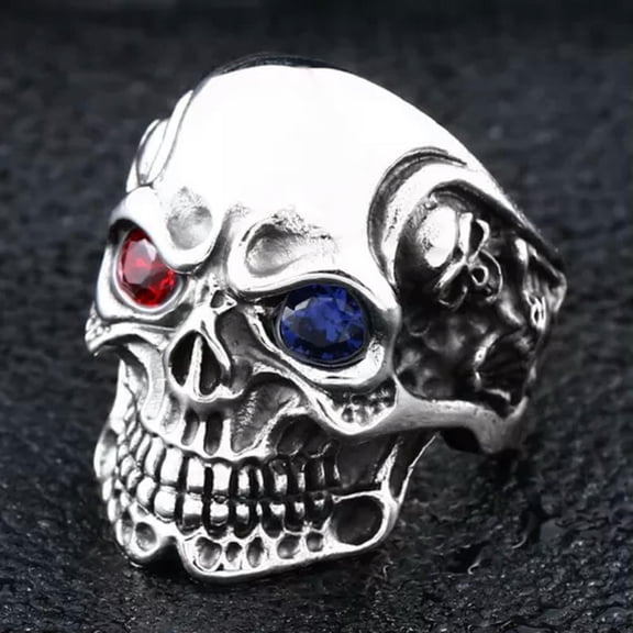 HOOUN Red Blue CZ Eye Exaggerated Skull Ring Stainless Steel Men's Gothic Punk Ring-13