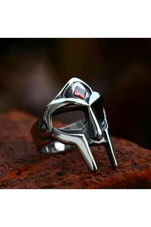 Red CZ Inlay Spartan Helmet Ring Stainless Steel Vintage Mask Men's Biker Ring-8