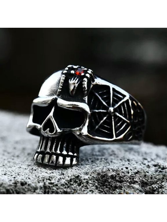 Red CZ Spider Skull Gothic Men's Rings Stainless Steel Cobweb Skull Biker Ring-13