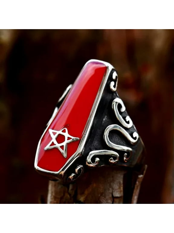 Red Enamel Satan Star Vampire Coffin Ring Stainless Steel Vintage Biker Men Ring-11