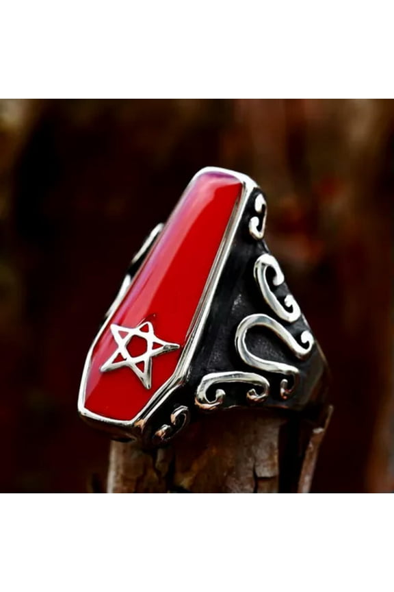 Red Enamel Satan Star Vampire Coffin Ring Stainless Steel Vintage Biker Men Ring-11