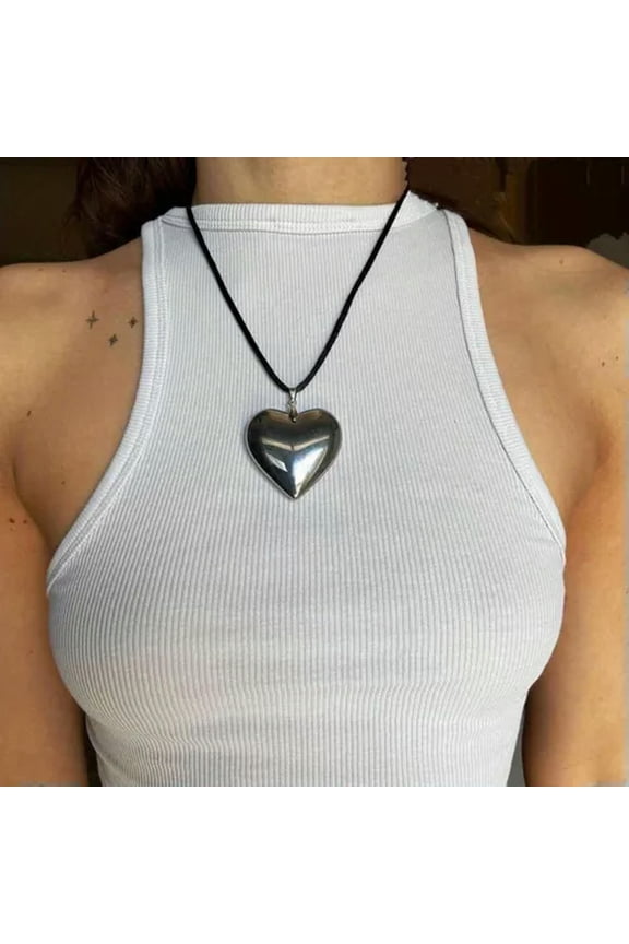Red Heart Necklace Big Red Glass Heart Pendant Black Leather Rope Neck Jewelry-Silvery