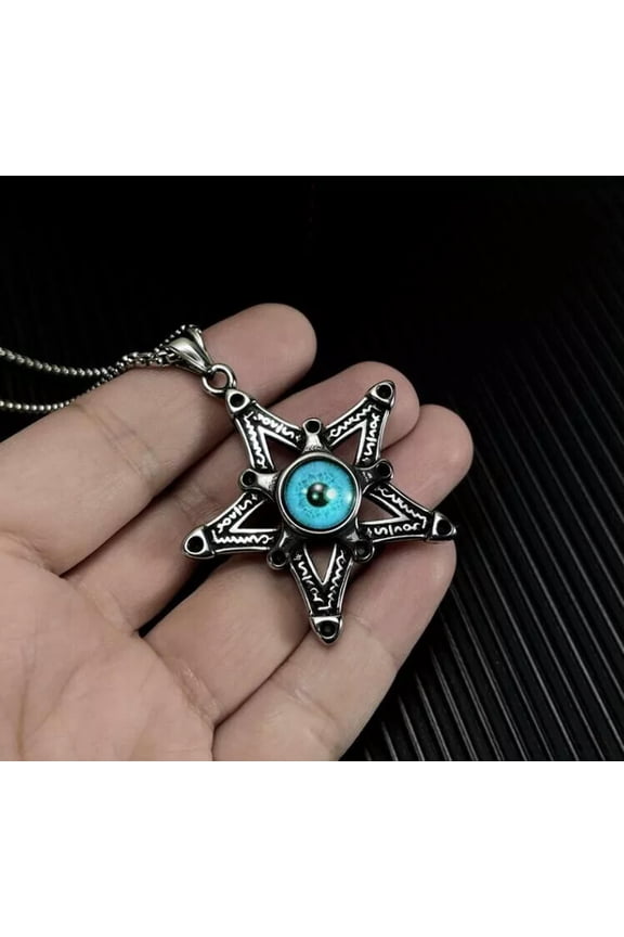 Religion Pentagram Necklace Stainless Steel Blue Devil Eye Pentacle Pendant 24''
