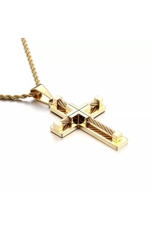 Religious jewelry Gold Stainless steel cable wire cross Pendant Men's Necklace