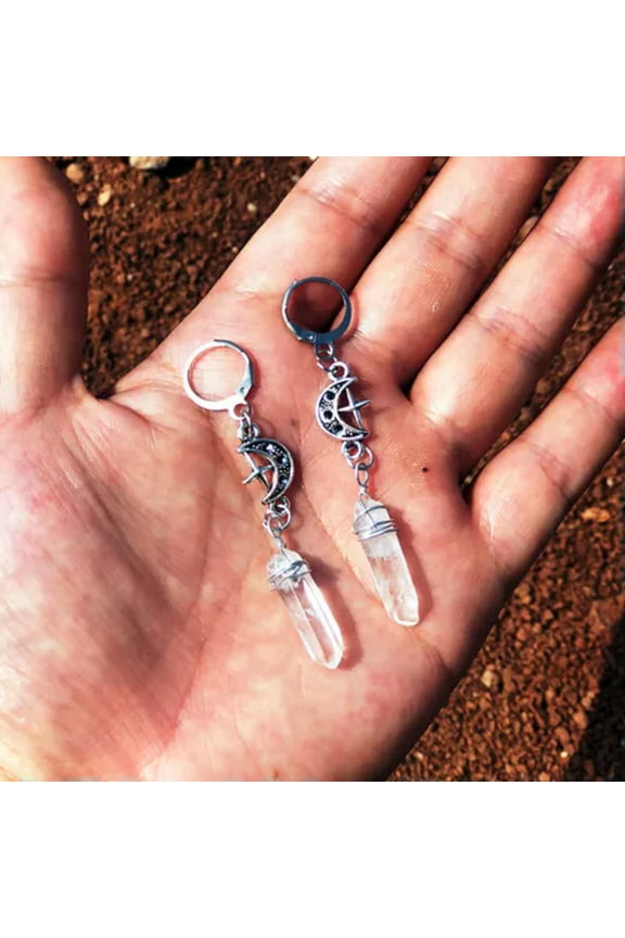 Retro Clear Quartz Moon Star Hook Earrings Natural Stone Jewelry Women Irregular-Style B-Clear