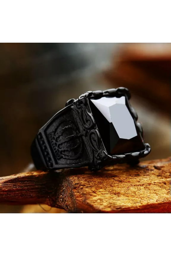 Retro Crown Black CZ Wedding Ring Stainless Steel Men's Vintage Band Ring Black-11