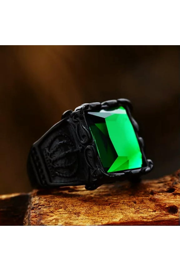 Retro Crown Green CZ Wedding Ring Stainless Steel Men's Vintage Band Ring Black-9