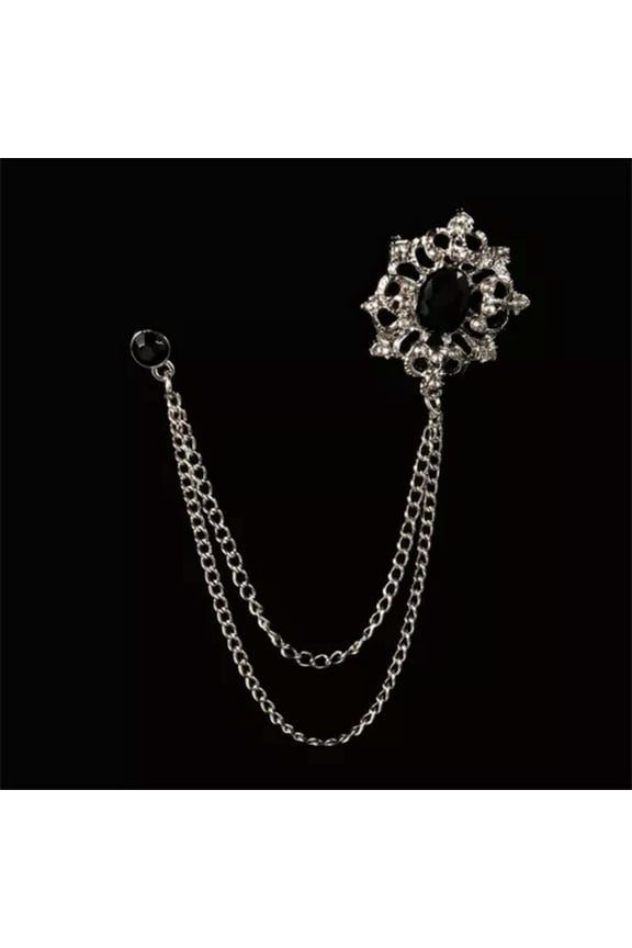 Retro Gem Brooch Men's Suit Pin Rhinestone Cross Tassel Lapel Pins with Chain-Silver Black