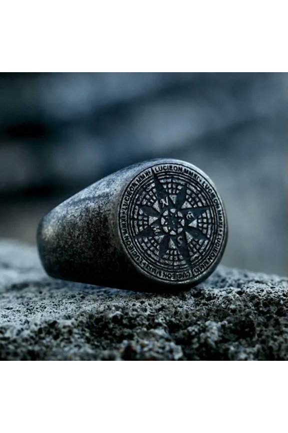 Retro Gray Compass Guiding Star Ring Stainless Steel Navigation Signet Ring Punk-11