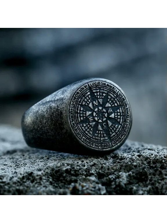 Retro Gray Compass Guiding Star Ring Stainless Steel Navigation Signet Ring Punk-12