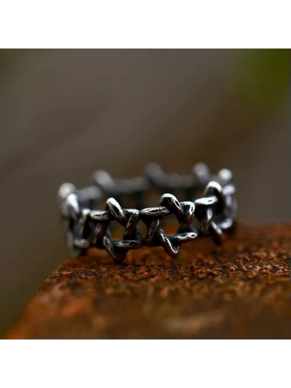 Retro Gray Hexagram Star Circle Band Ring Stainless Steel David's Star Punk Ring-8