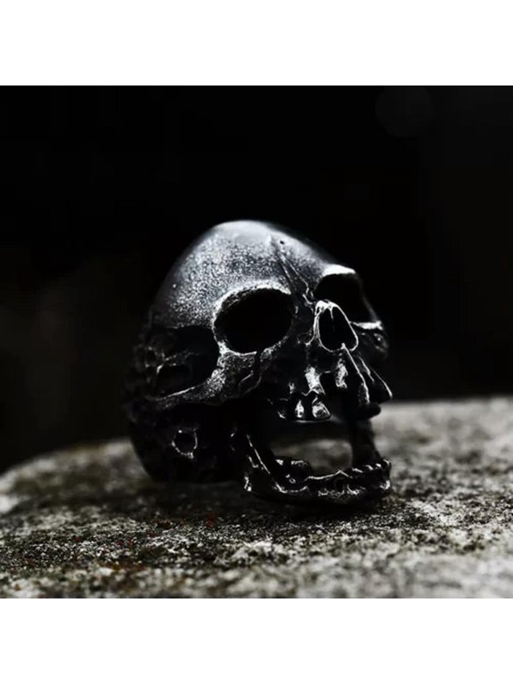 Retro Gray Plated Death Skull Ring Stainless Steel Men Vintage Skull Biker Ring-7