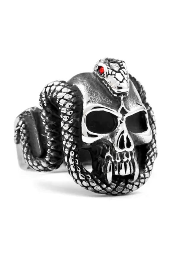 Retro Red CZ Snake Tusks Skull Ring Stainless Steel Gothic Men's Biker Punk Ring-13