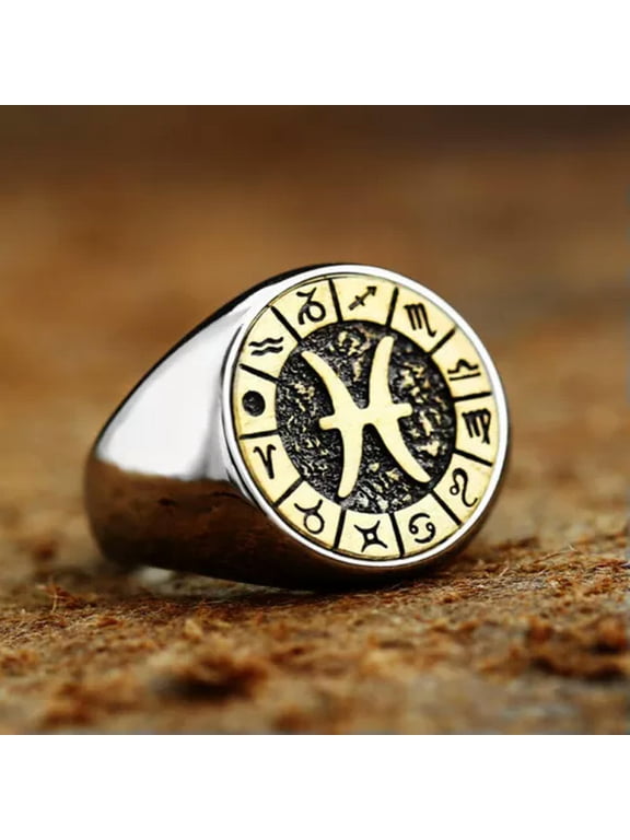 Retro Signs Of The Zodiac Constellation Ring Stainless Steel Men Women Gift Ring-9-Pisces