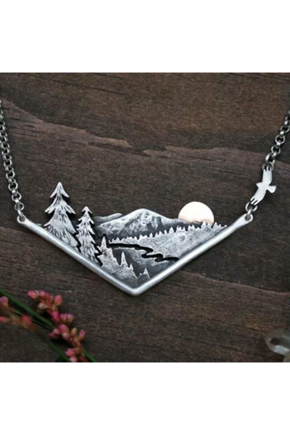 Retro style Silent Forest Pendant Necklace Women Party Band Jewelry Gifts-13#river valley sunset nature