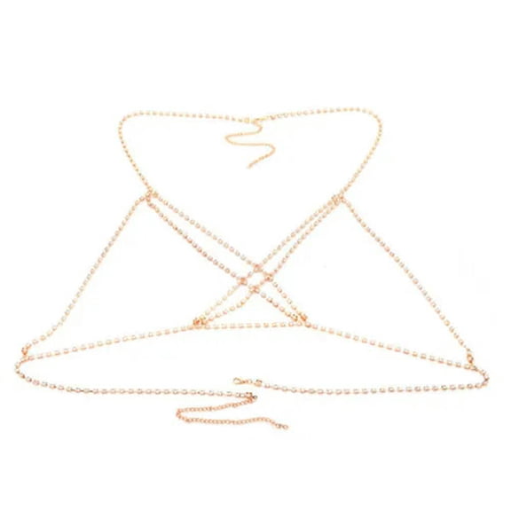 HOOUN Rhinestone Necklace Harness Crystal ChestBeach Bikini Bra Body Chain Jewelry-Gold