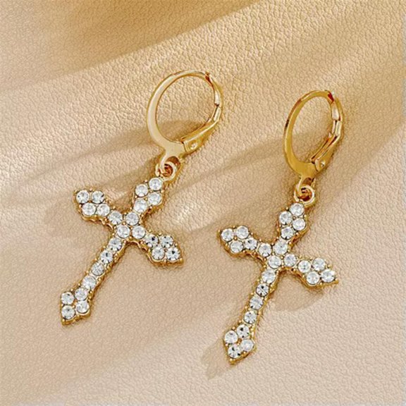 HOOUN Rhinestone Zircon Cross Pendant Earrings For Women Korean Drop Dangle Earrings-_-Gold-