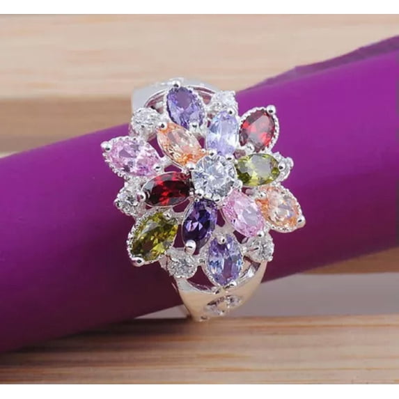 HOOUN Romantic 925 Silver Flower Rings Women Cubic Zircon Jewelry Wedding Sz 6-10-Silver-9