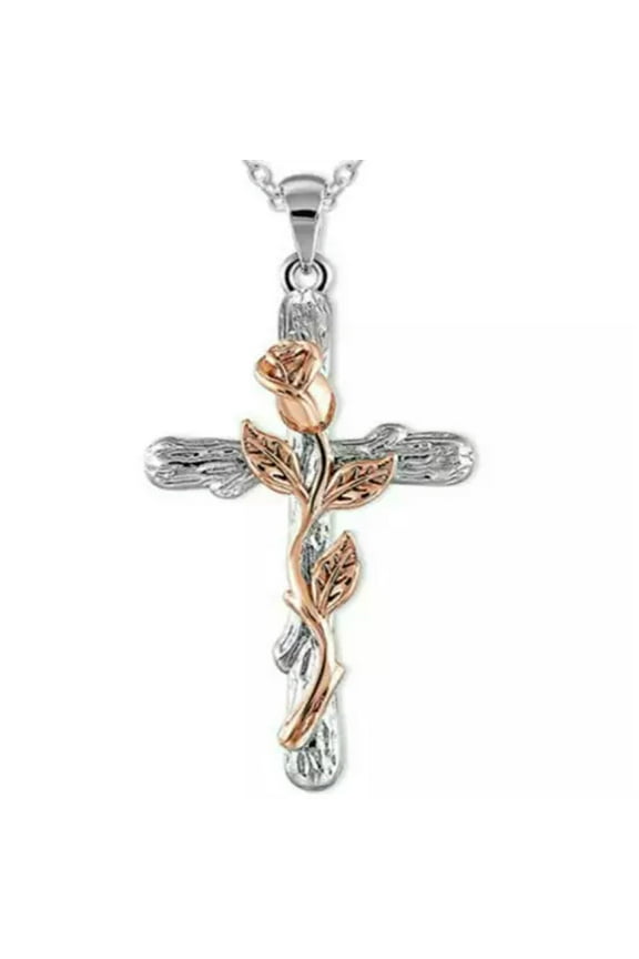 Romantic Rose Cross Pendant Lucky Necklace Bib Chain Flower Jewelry Women Gift-Rose Gold