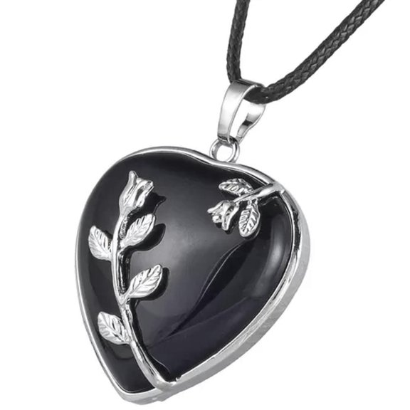 HOOUN Rose Flower Wrapped Natural Heart Stone Pendant Rope Necklace Reiki Pendulum -Black Onyx