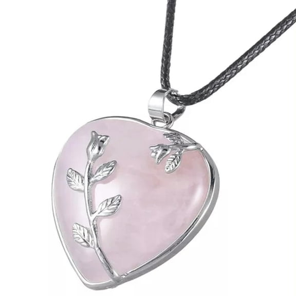 HOOUN Rose Flower Wrapped Natural Heart Stone Pendant Rope Necklace Reiki Pendulum -Rose Quartz