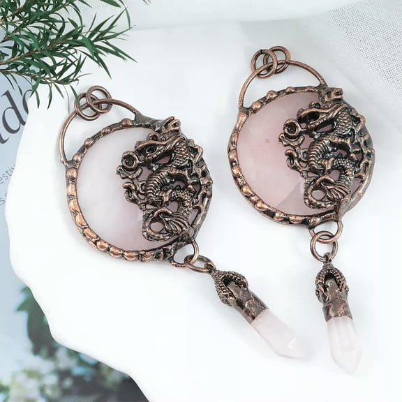 HOOUN Rose Quartz Crystal Coin Shape Point Dragon Pendant Necklace Jewelry Hexagonal