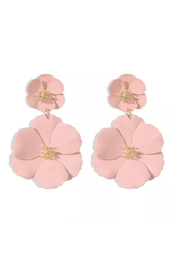 Rose Red Flower Earrings Boho Layered Floral Petal Drop Detachable Earrings-Pink