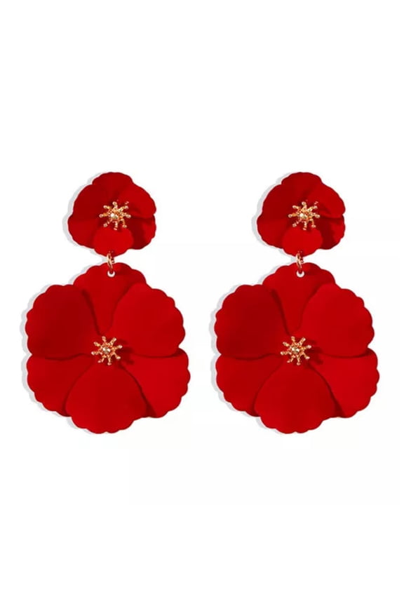 Rose Red Flower Earrings Boho Layered Floral Petal Drop Detachable Earrings-Red