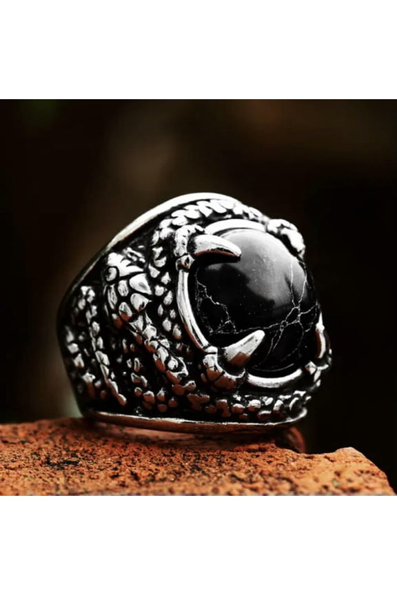Round Black Turquoise Dragon Claws Winding Snake Ring Stainless Steel Heavy Ring-9