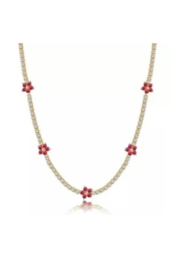 S925 Solid Sterling 5A Zirconia Flower Tennis Chain Necklace Wedding Party Gifts-Gold Plated-Ruby