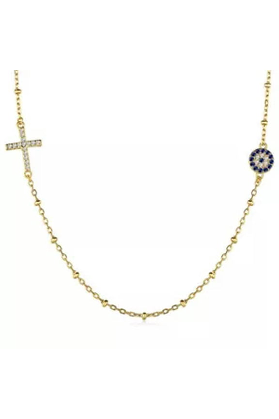 S925 Solid Sterling Silver Cubic Zirconia Evil Pendant Eyes Cross Necklaces Gift-Gold