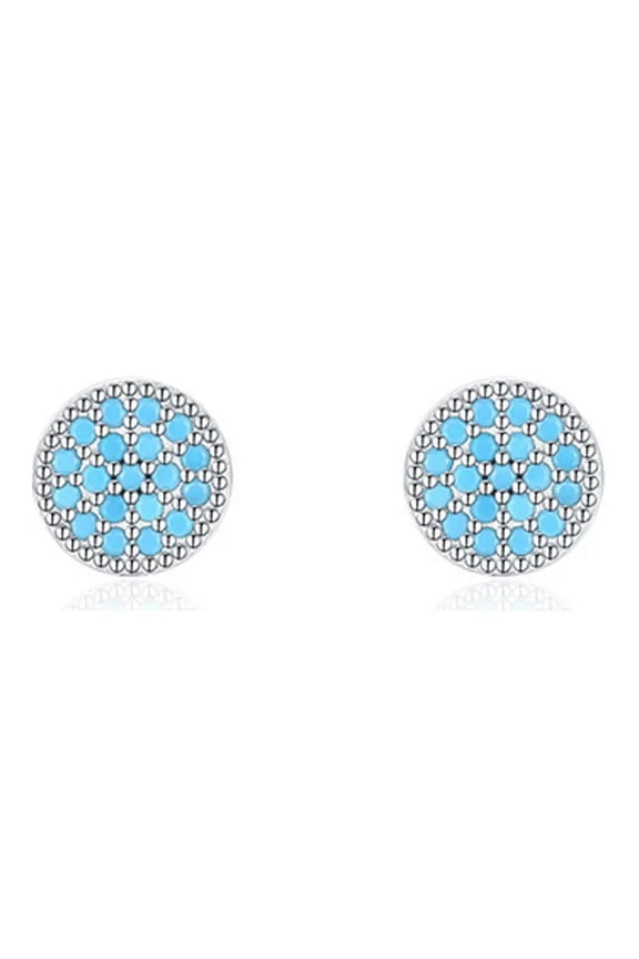 S925 Solid Sterling Silver Luxury Turquoise Blue Round Stud Earrings Women Gifts