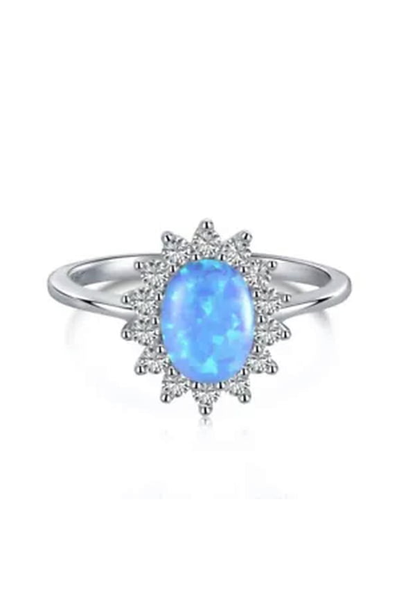 S925 Solid Sterling Silver Oval Shape Lab Opal Ring Zirconia Sapphire Halo Rings-Blue-US 6