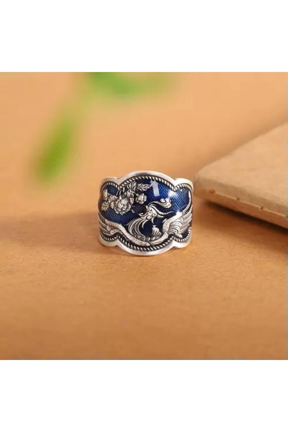 S925 Sterling Silver Women Ring Lucky Blue Enamel Phoenix Flower Band Ring