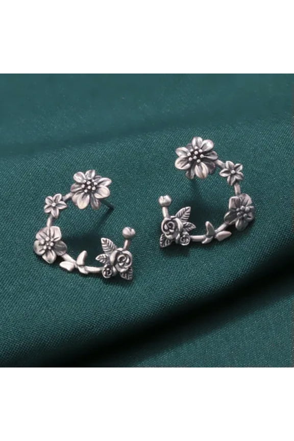 S925 Sterling Silver Stud Women Half Round Twig Leaf Flower Earrings