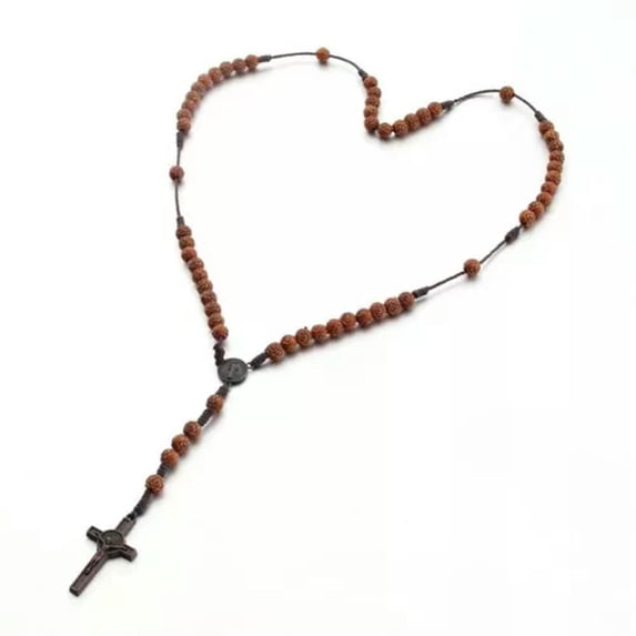 HOOUN Saint Benedict Wood Beads Rosary Crucifix Cross Necklace Catholic Jewelry-Carved Rose Beads