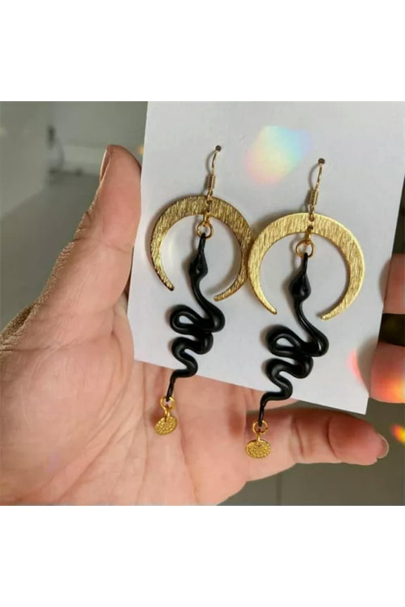 Serpent Moon Earrings Unique Jewelry Witchy Goddess Snake Boho Earrings Gothic-07#Black snake moon