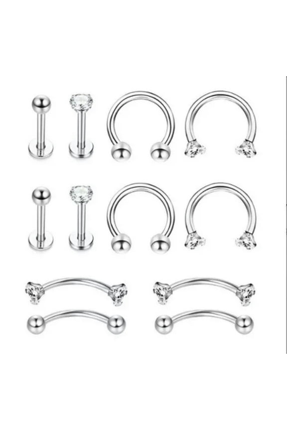 Set 12 Industrial Scaffold Barre Nez Oreille Piercing Haltre Droite Acier Gem