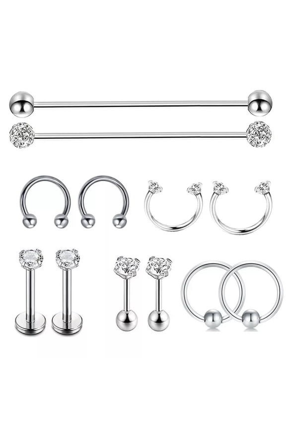 Set of 12 Industrial Scaffold Bar Ear Nose Piercing Straight Barbell Steel Gem