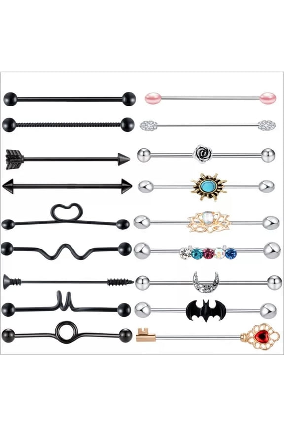 Set of 18 Industrial Scaffold Bar Ear Piercing Straight Barbell Steel Gem Opal