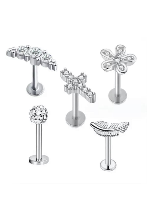 Set of 5 Industrial Scaffold Bar Ear Piercing Straight Barbell Steel Gem Opal-Design 2