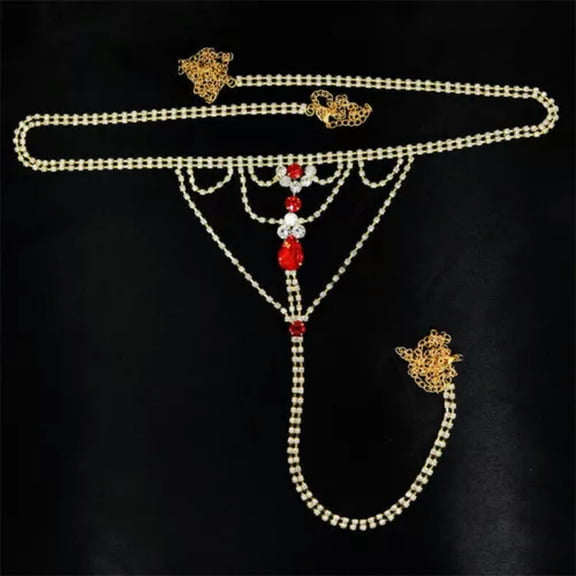 HOOUN Sexy Chain Crystal Thong Panties for Women Rhinestone Body Waist Chains Jewelry-Gold