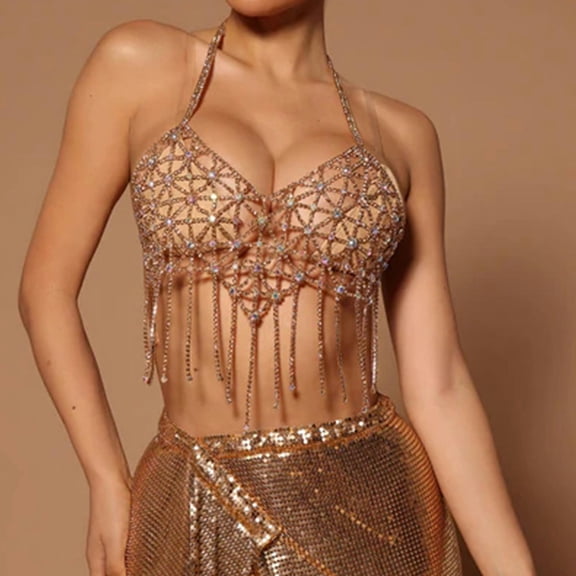 HOOUN Sexy Women Glitter Rhinestone Chain Body Bikini Faux Crystal Tassels Bra Jewelry-golden